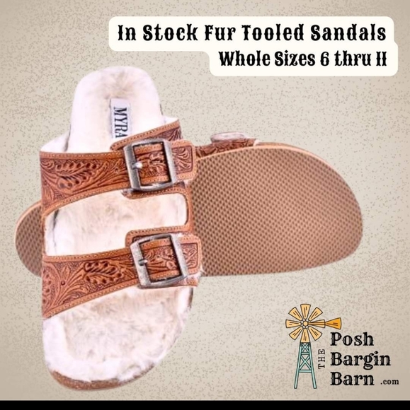 NWT Genuine Tooled Leather Sandals White Fur Linked Berk Style Western C… - Picture 6 of 6
